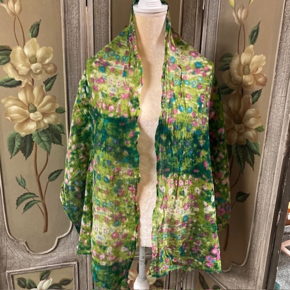 LULLA COLLECTION 100% wool scarf, 70" X 22", green tones with pink accents #7562